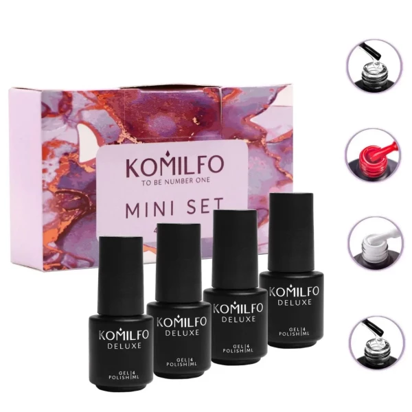 Komilfo Mini Set 002, 4 ml (gumowa podstawa, D082, F010, No Wipe Top z filtrami UV)